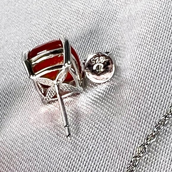 NWOT Macy's Sterling Silver Cushion Cut Red Agate Necklace and Earrings Set - Picture 5 of 6